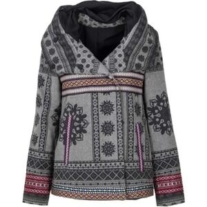 New $275 DESIGUAL Womens Size 42 US 8 Gray Embroidered Boho Artsy Jacket Coat